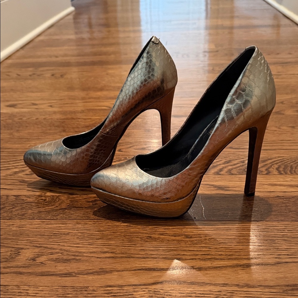 BCBGeneration Metallic Bronze Snakeskin Platform Stiletto Heels